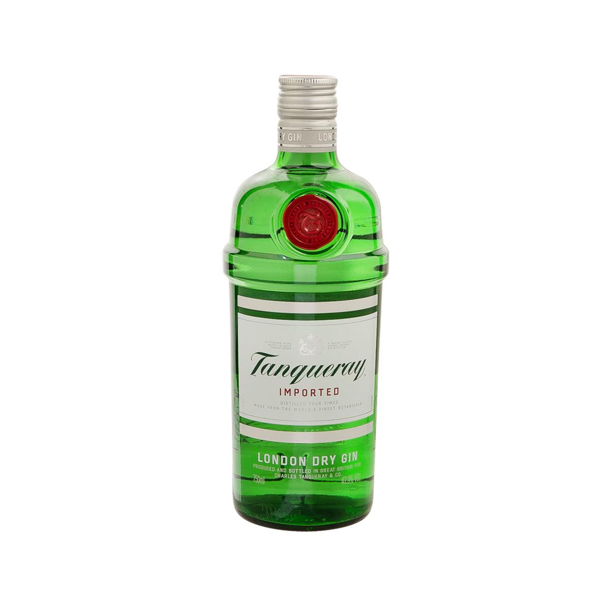 Tanqueray London Dry gin bottle, clear green glass with front label