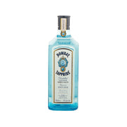 Bombay Sapphire dry gin bottle, clear blue glass with label and black cap