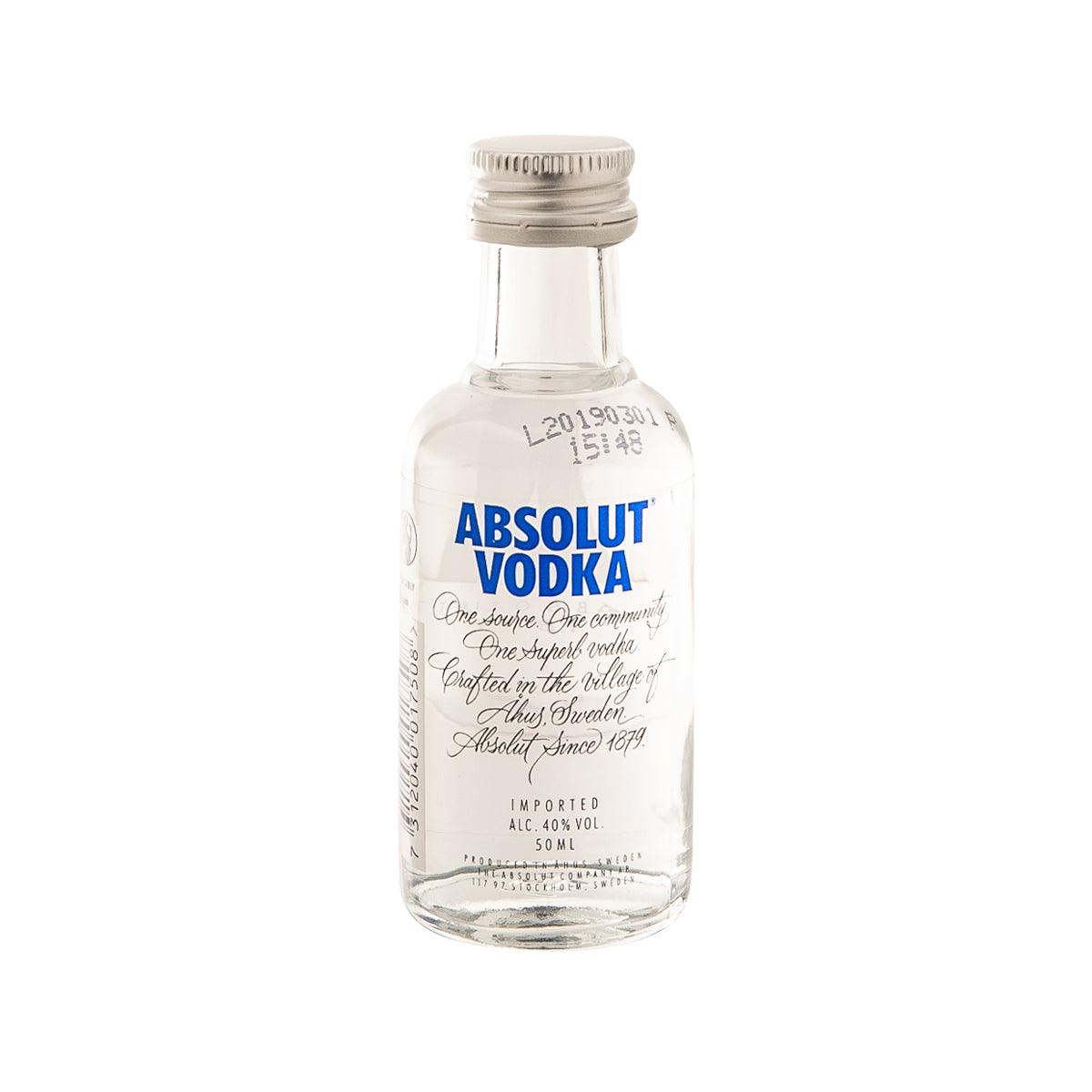 ABSOLUT Vodka mini glass bottle, 50 mL, clear liquid, silver cap