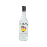 Malibu Original spirit bottle, clear glass with black cap and Malibu label