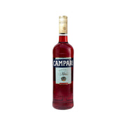 Campari bitter liqueur bottle with red liquid and gold cap, 750 mL