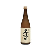 KUBOTA Manju sake bottle with dark brown glass, beige label, and cork top
