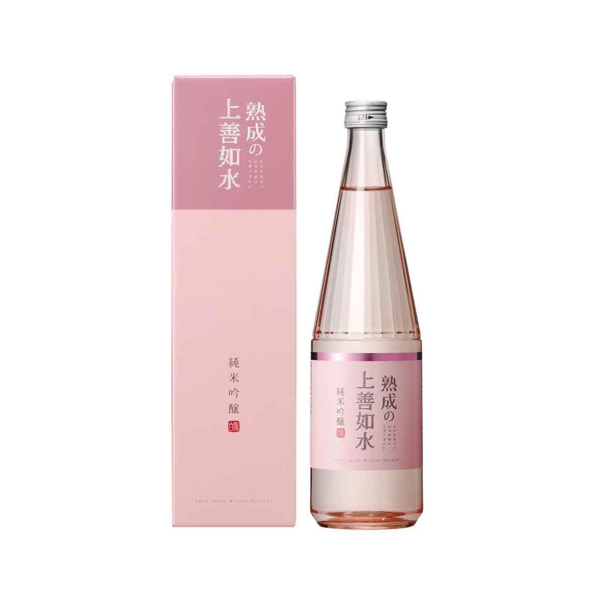JOZEN aged junmai ginjo sake, 720mL bottle with pink label and gift box
