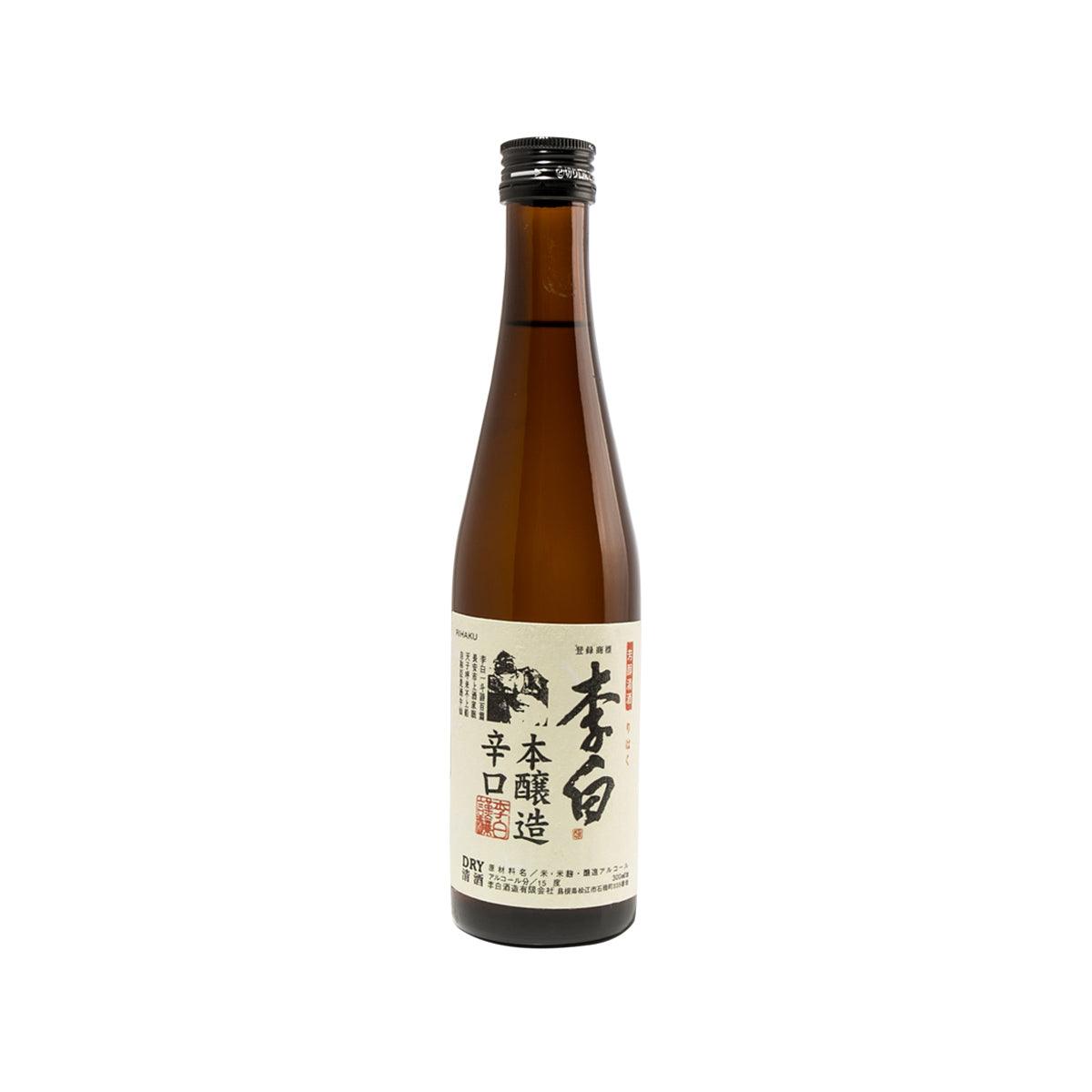 RIHAKU sake bottle, brown glass with black cap and cream label, 300 mL