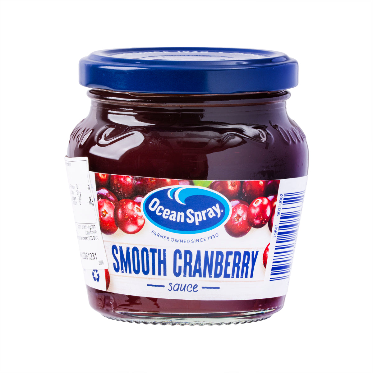 Smooth cranberry sauce jar with dark red sauce and blue lid