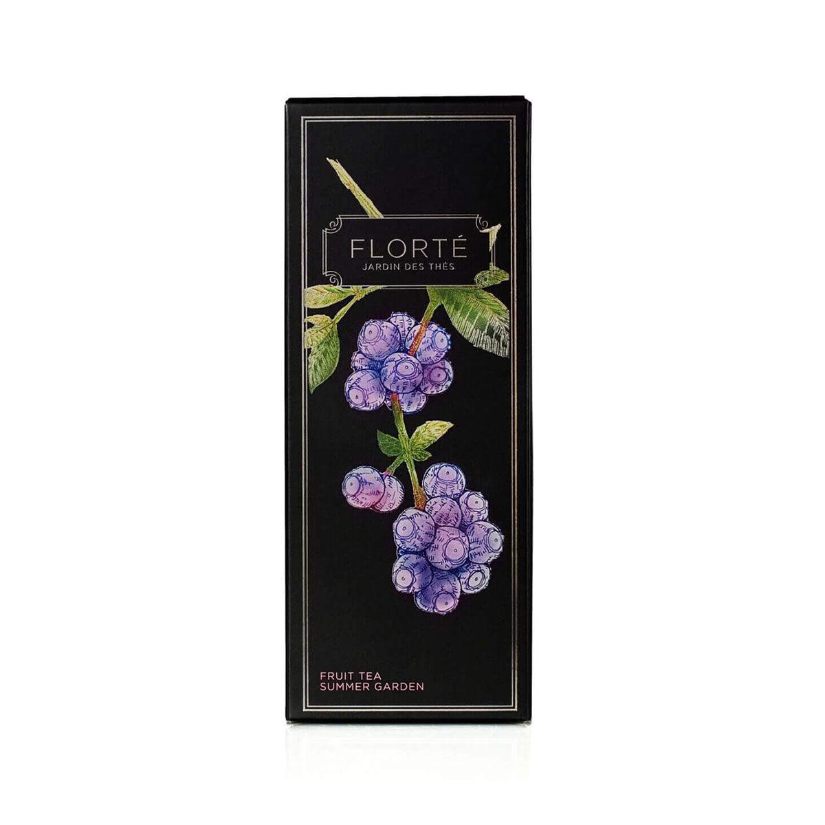 FLORTE loose fruit tea box, Summer Garden, with blueberry illustration