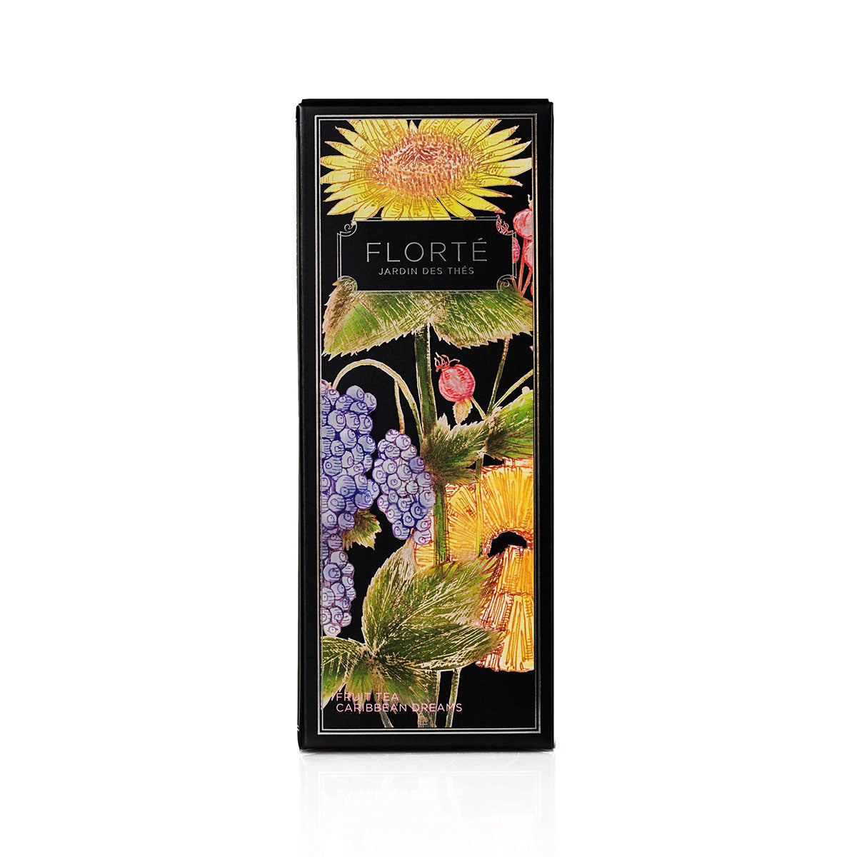 FLORTE fruit tea box with tropical fruit and leaf illustration on black package