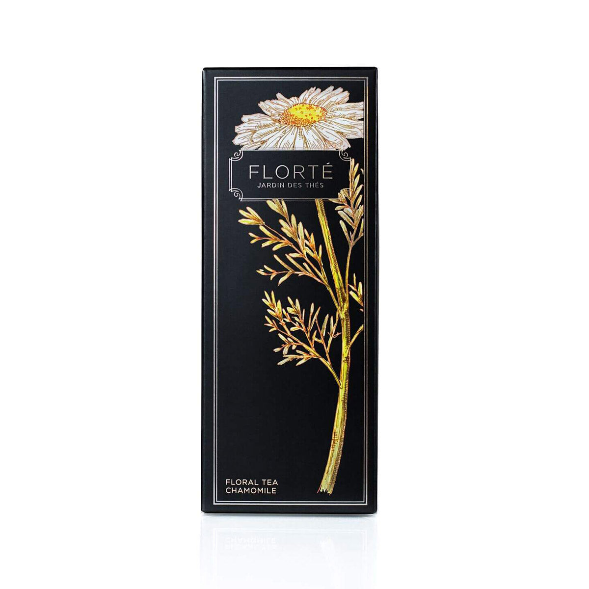 FLORTE chamomile loose floral tea box with daisy and gold botanical artwork