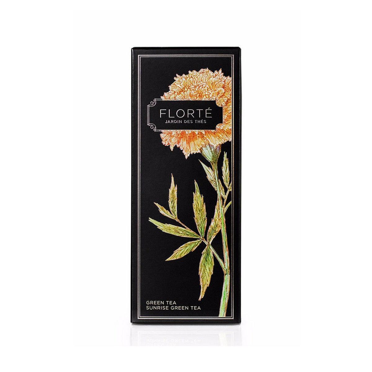 FLORTE loose green tea box, Sunrise Green Tea, black with botanical leaf artwork