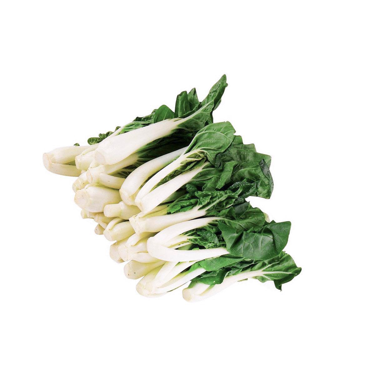 Bunched pak choi with white stems and dark green leaves