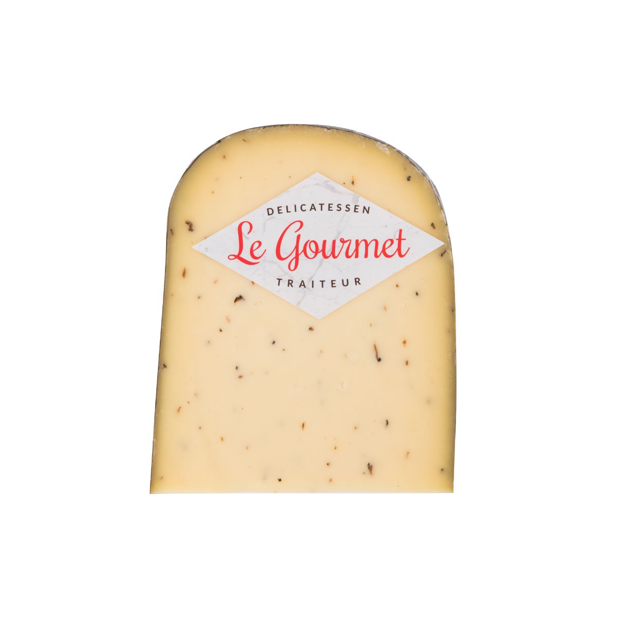 Truffle speckled gouda cheese wedge, pale yellow with dark bits