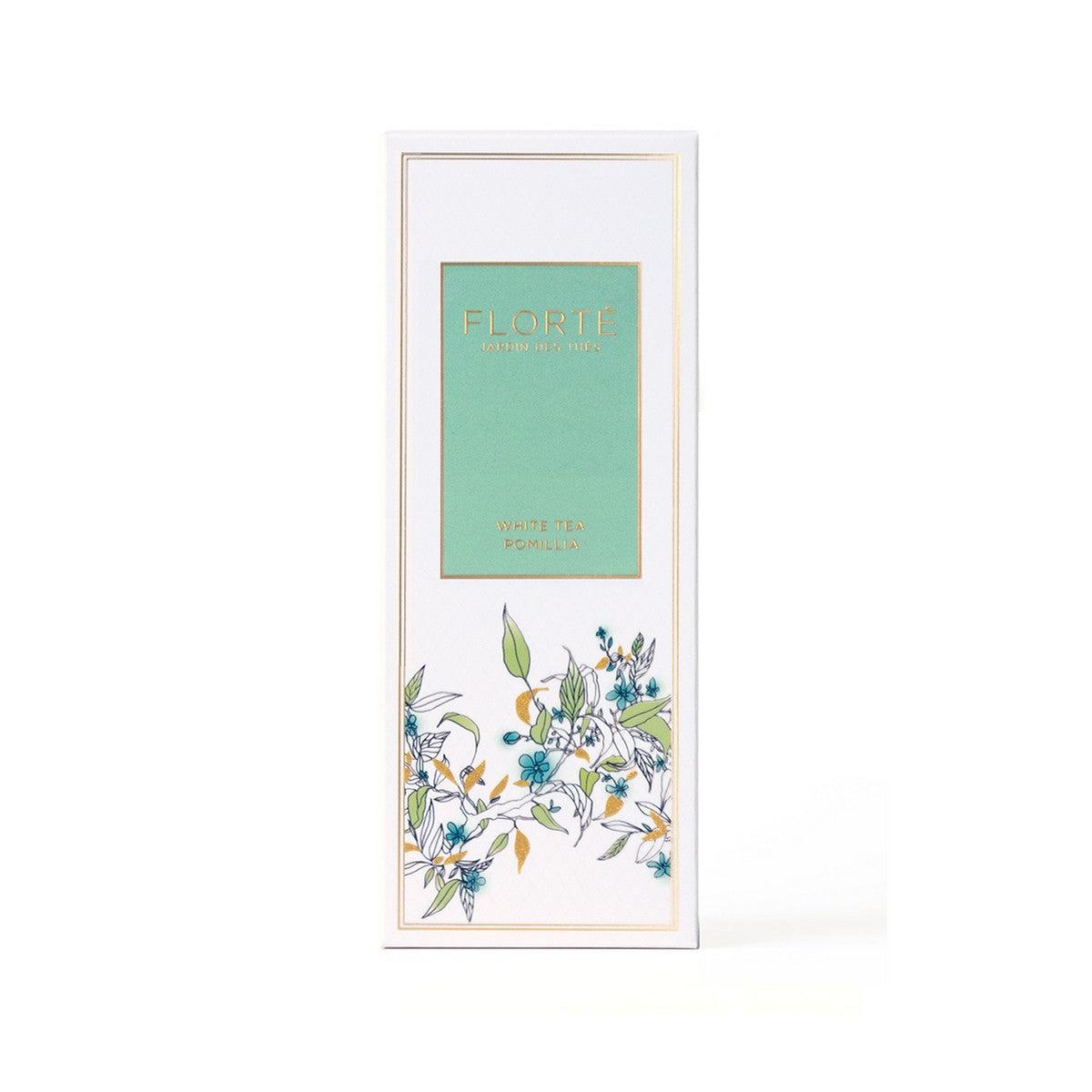 FLORTE loose white tea pack with green label and botanical illustration, 90g