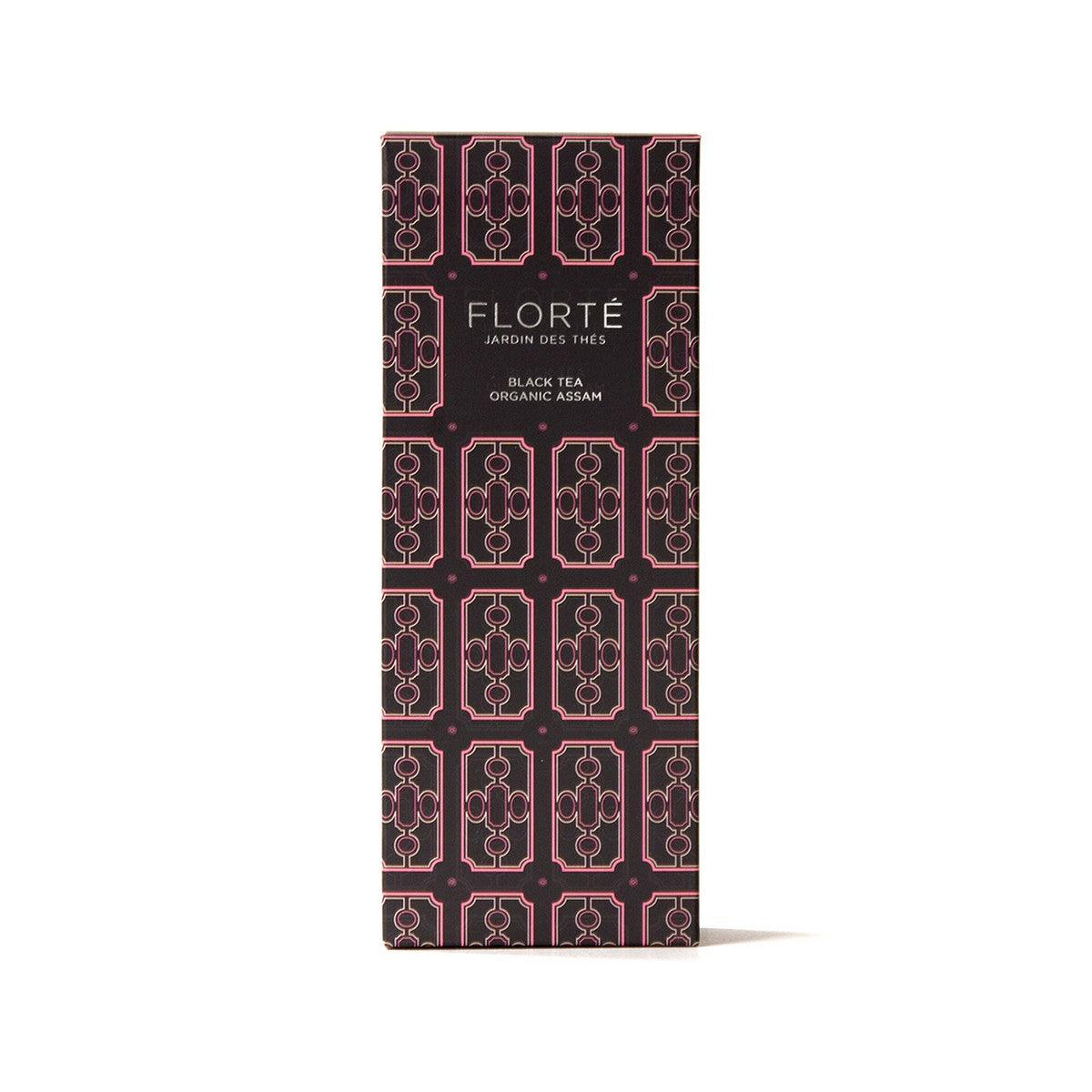 FLORTE loose black tea organic Assam tea box, dark red and black patterned package