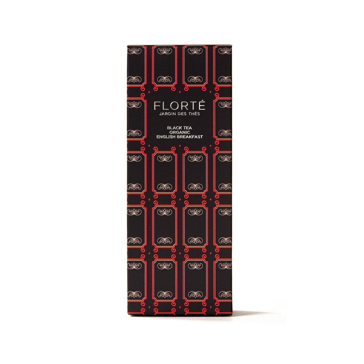 FLORTE organic English breakfast tea box, black with red ornamental pattern, 100g