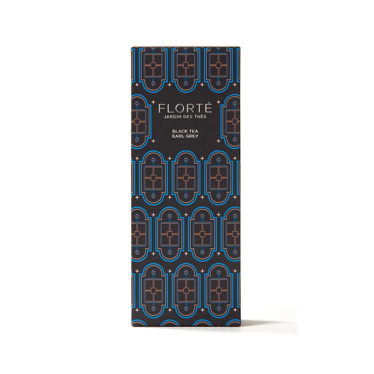 FLORTE Earl Grey loose black tea box, blue with black label and ornate pattern