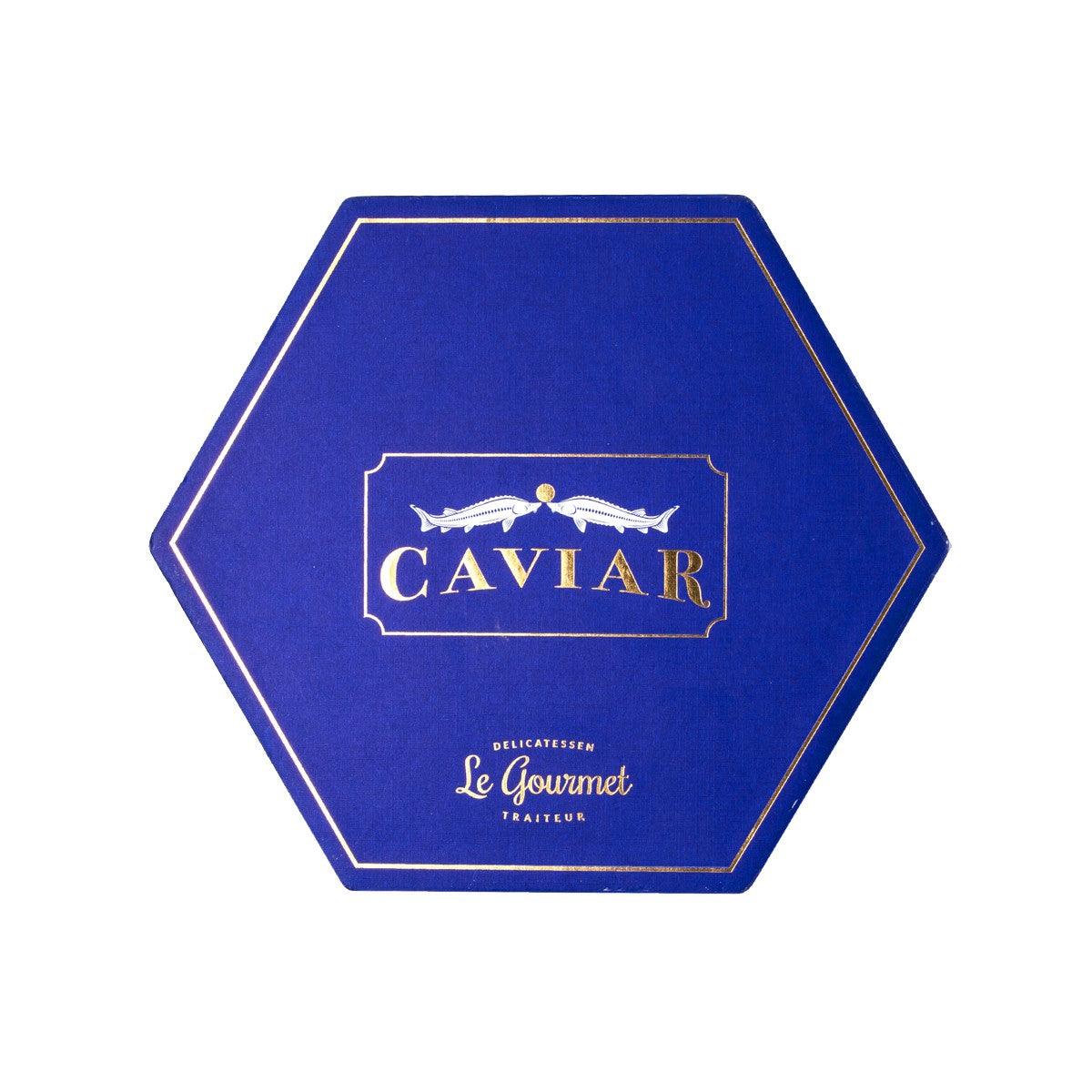 Caviar gift box lid with CAVIAR logo and Le Gourmet name
