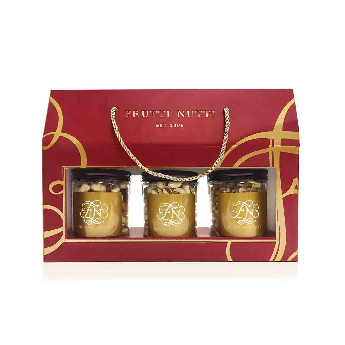 FRUTTI NUTTI dried fruits and nuts gift set in red box with window and three jar packs