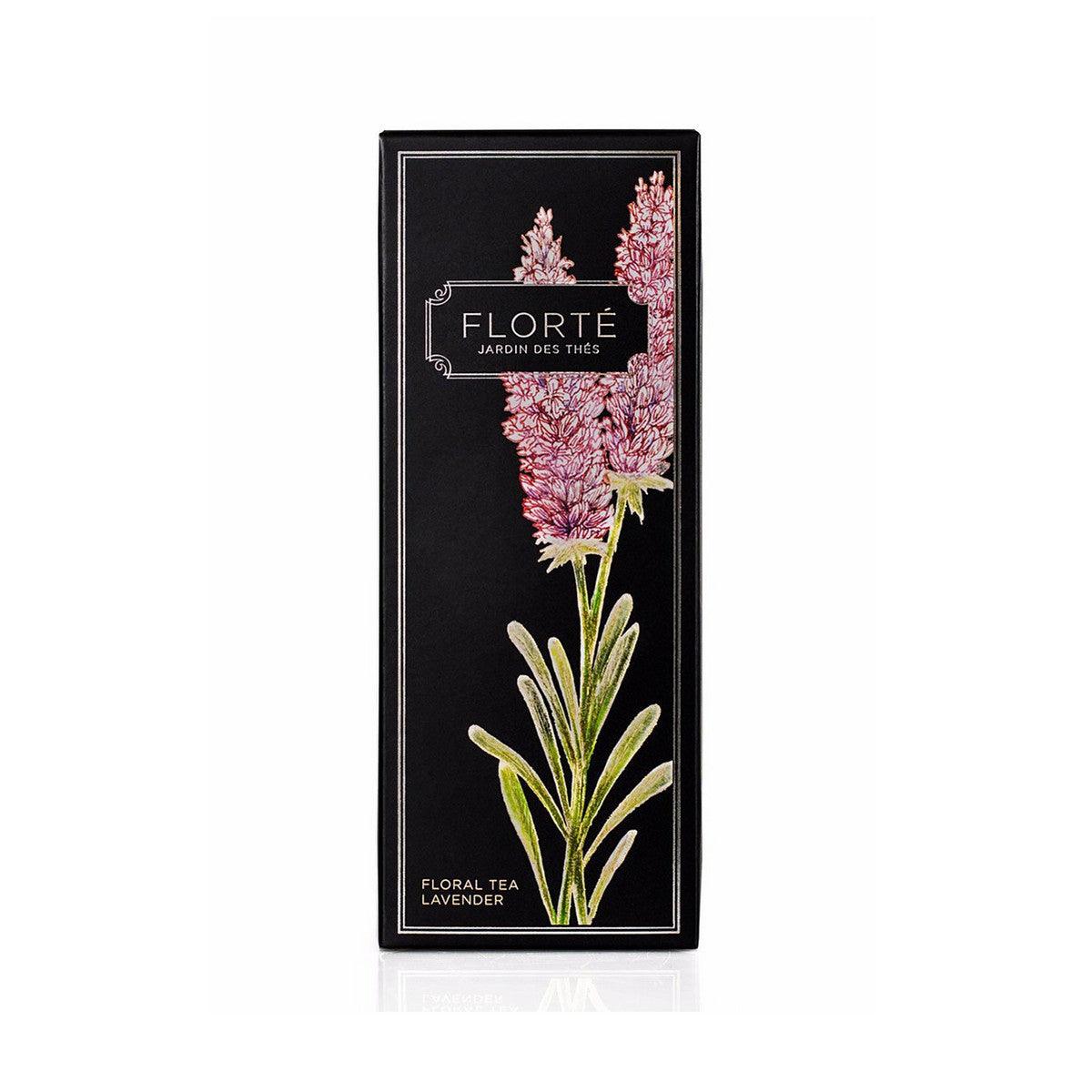 FLORTE loose floral tea box, black with pink lavender flower label