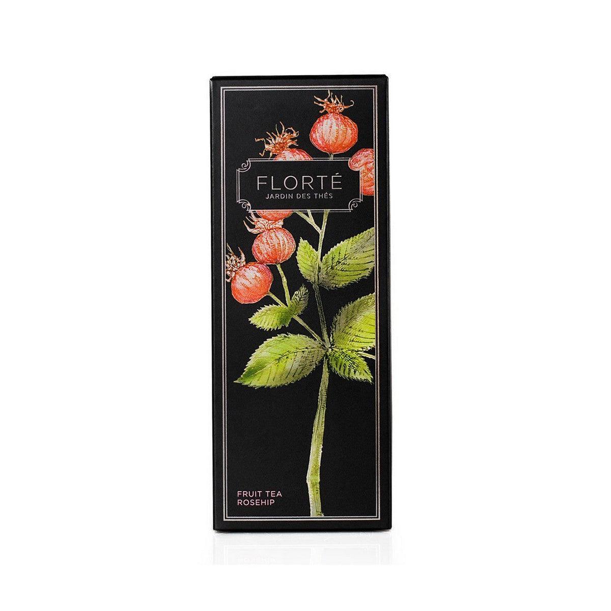 FLORTE rosehip fruit tea box, black with fruit and berry illustrations