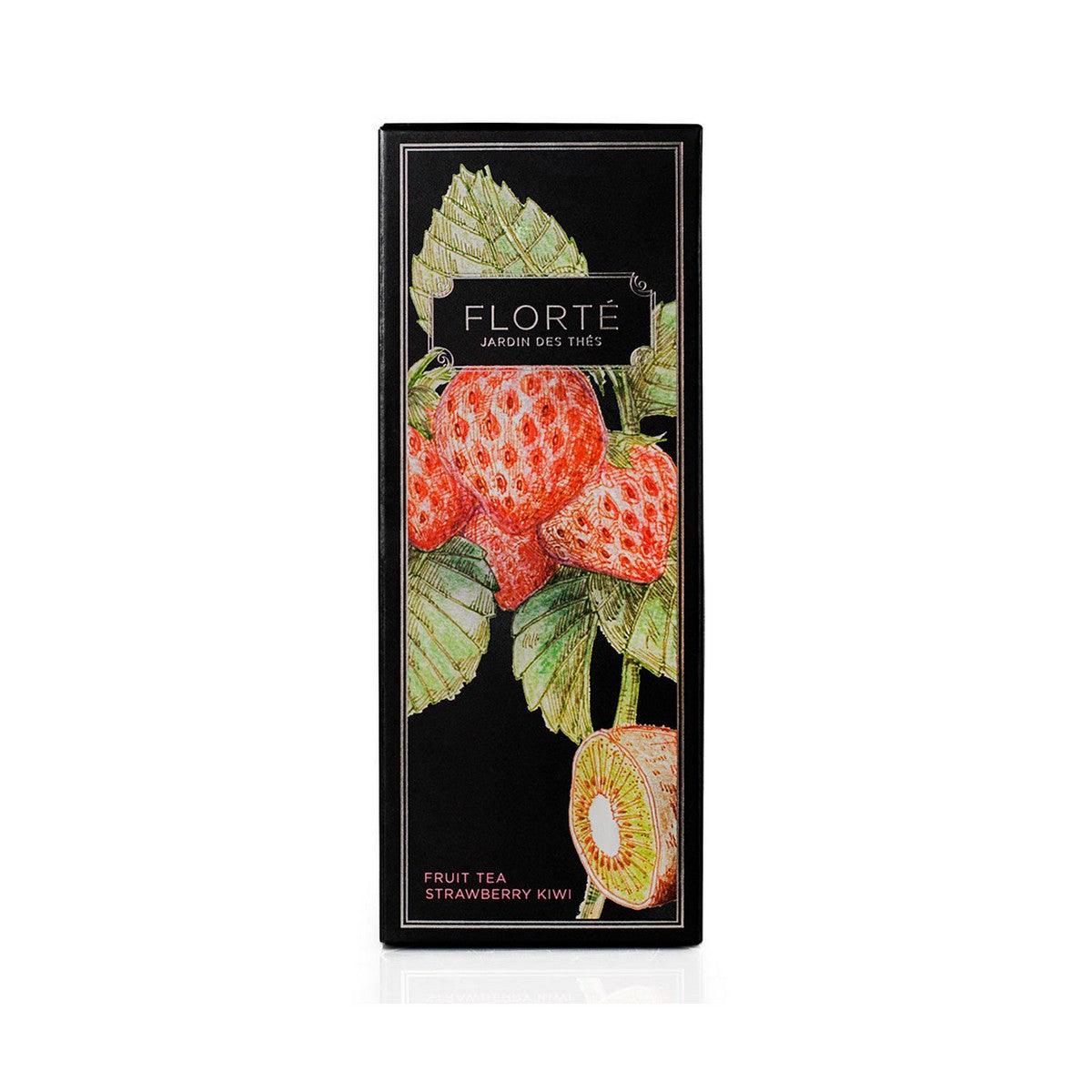 FLORTE loose fruit tea box, strawberry and kiwi fruit illustration on black