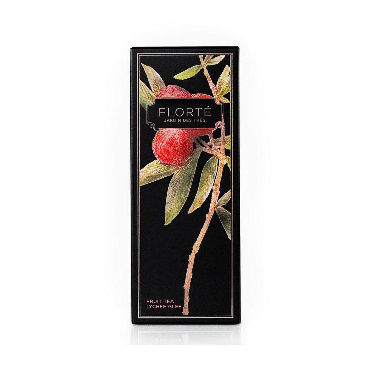 FLORTE loose fruit tea box, lychee green, black packaging with fruit illustrations