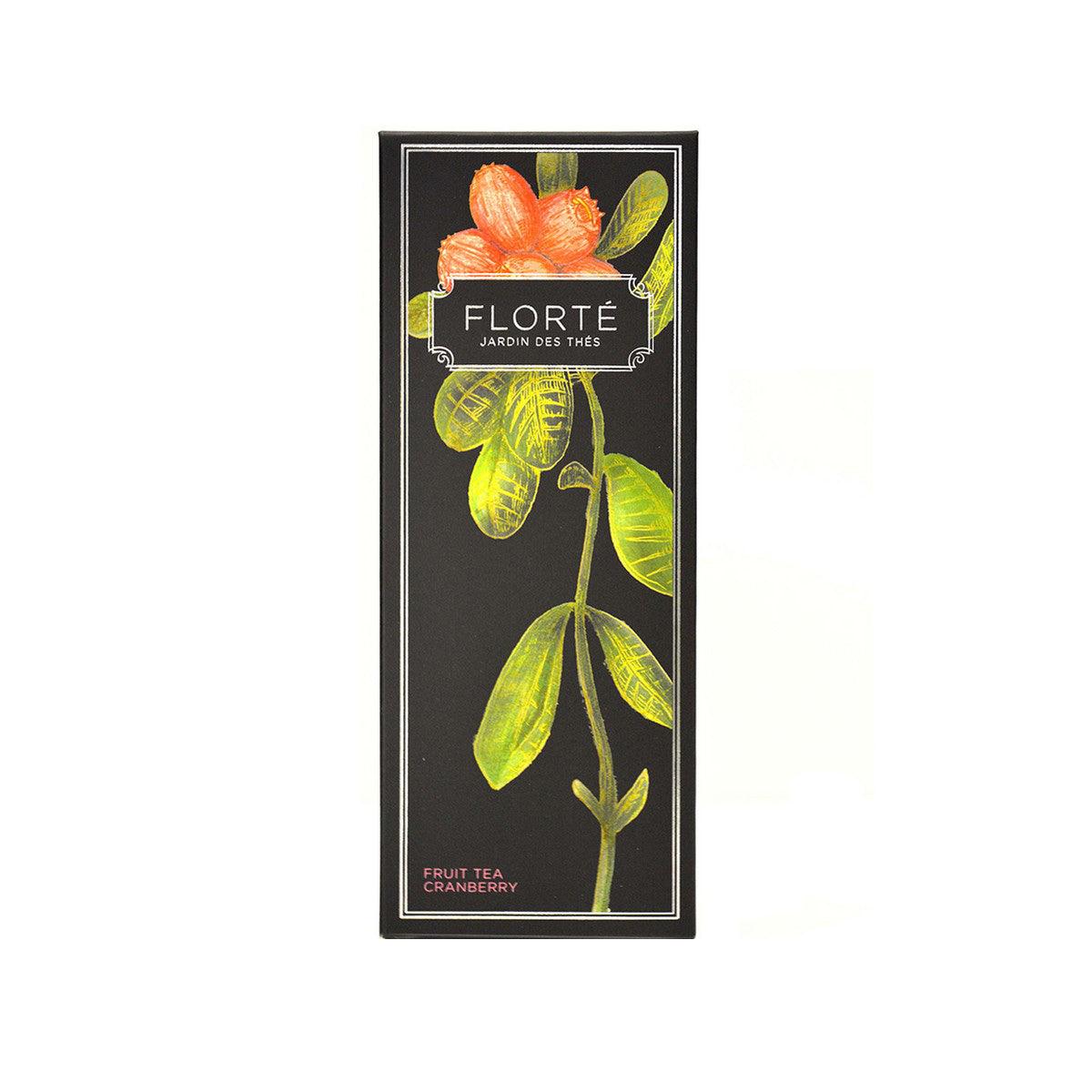 FLORTE loose fruit tea box, cranberry flavor, black with fruit illustration