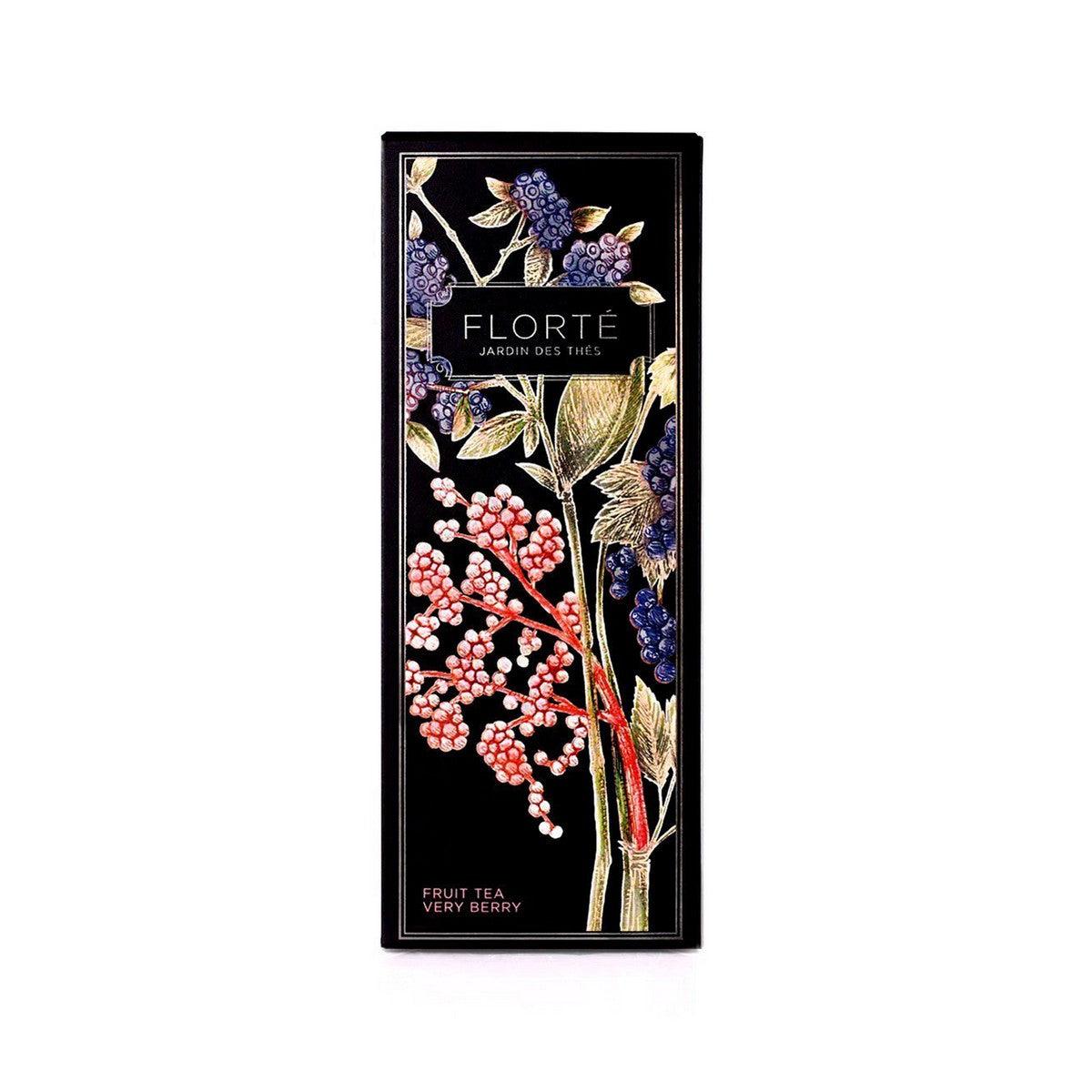 FLORTE loose fruit tea box, Very Berry, black package with berry and leaf illustrations