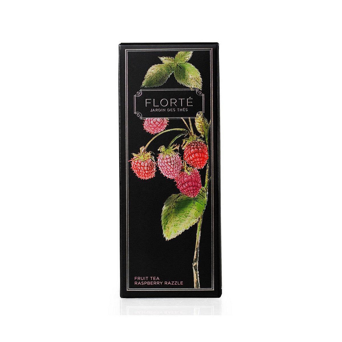 FLORTE loose fruit tea box, Raspberry Razzle flavor with raspberry fruit illustration
