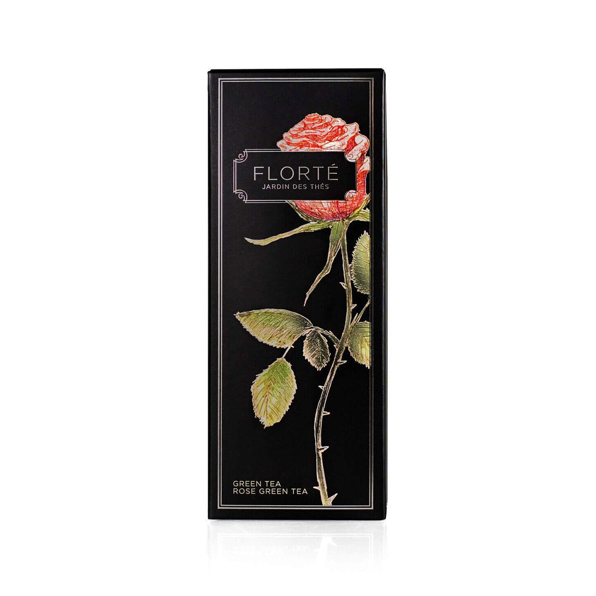 FLORTE loose green tea rose green tea in black box with rose illustration