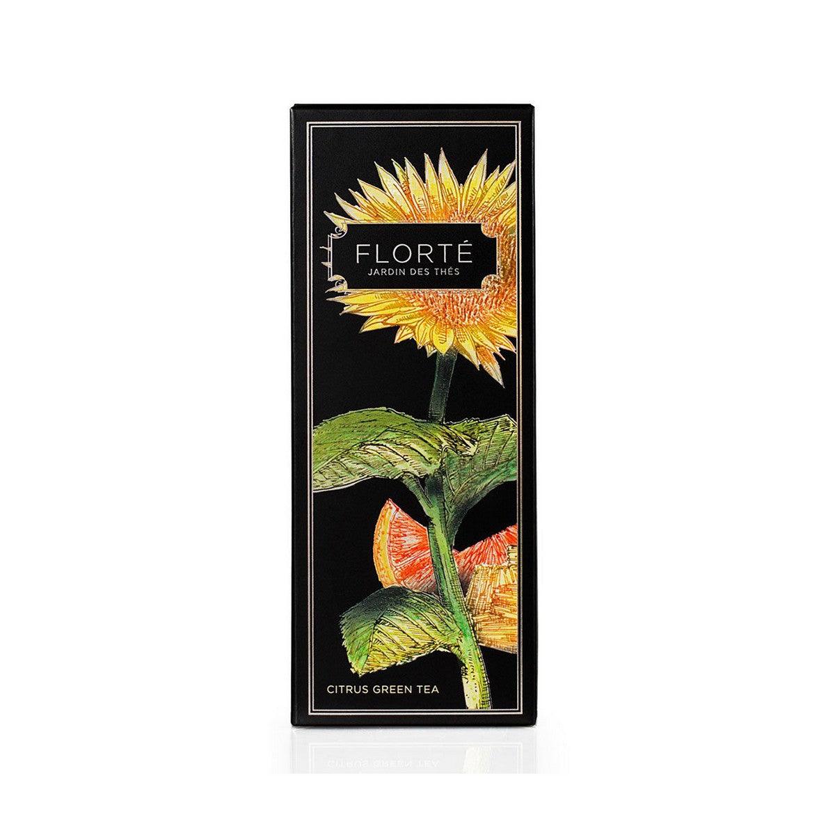 FLORTE loose citrus green tea packet, rectangular box with citrus and green leaves art