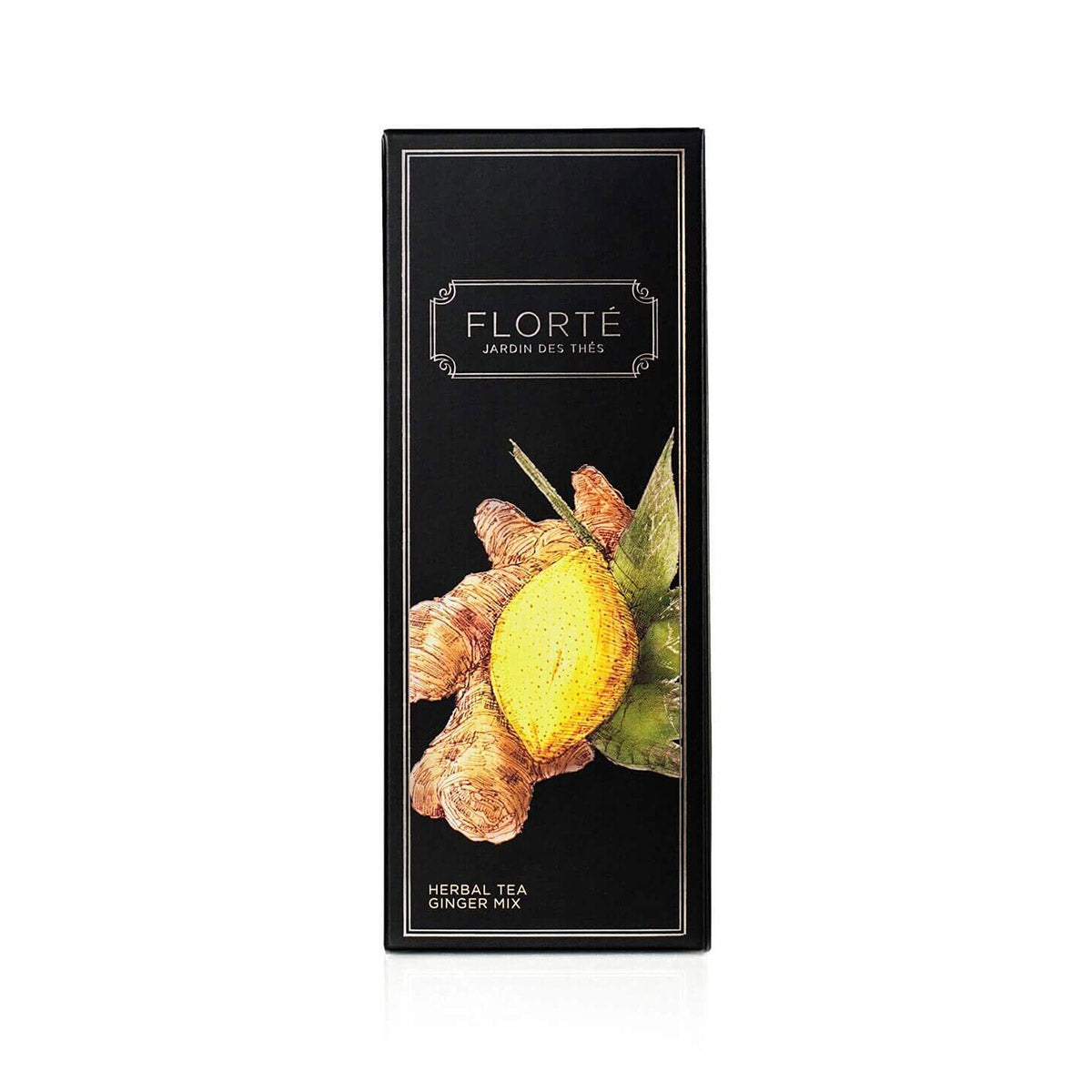 FLORTE loose herbal tea ginger mix box with ginger and lemon illustration