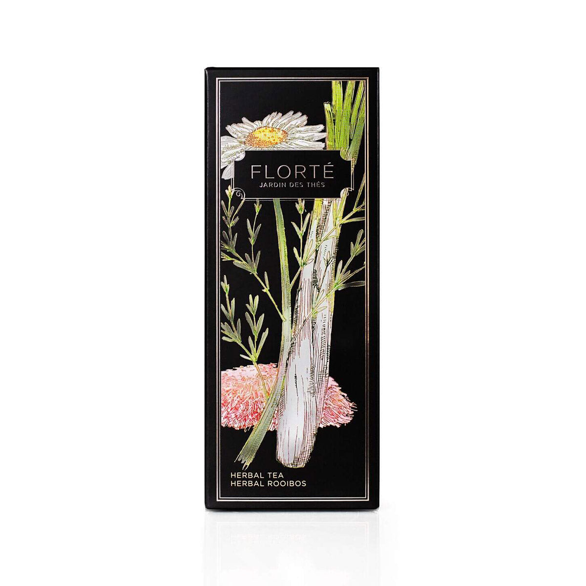 FLORTE herbal rooibos loose tea box with daisy and botanical illustration