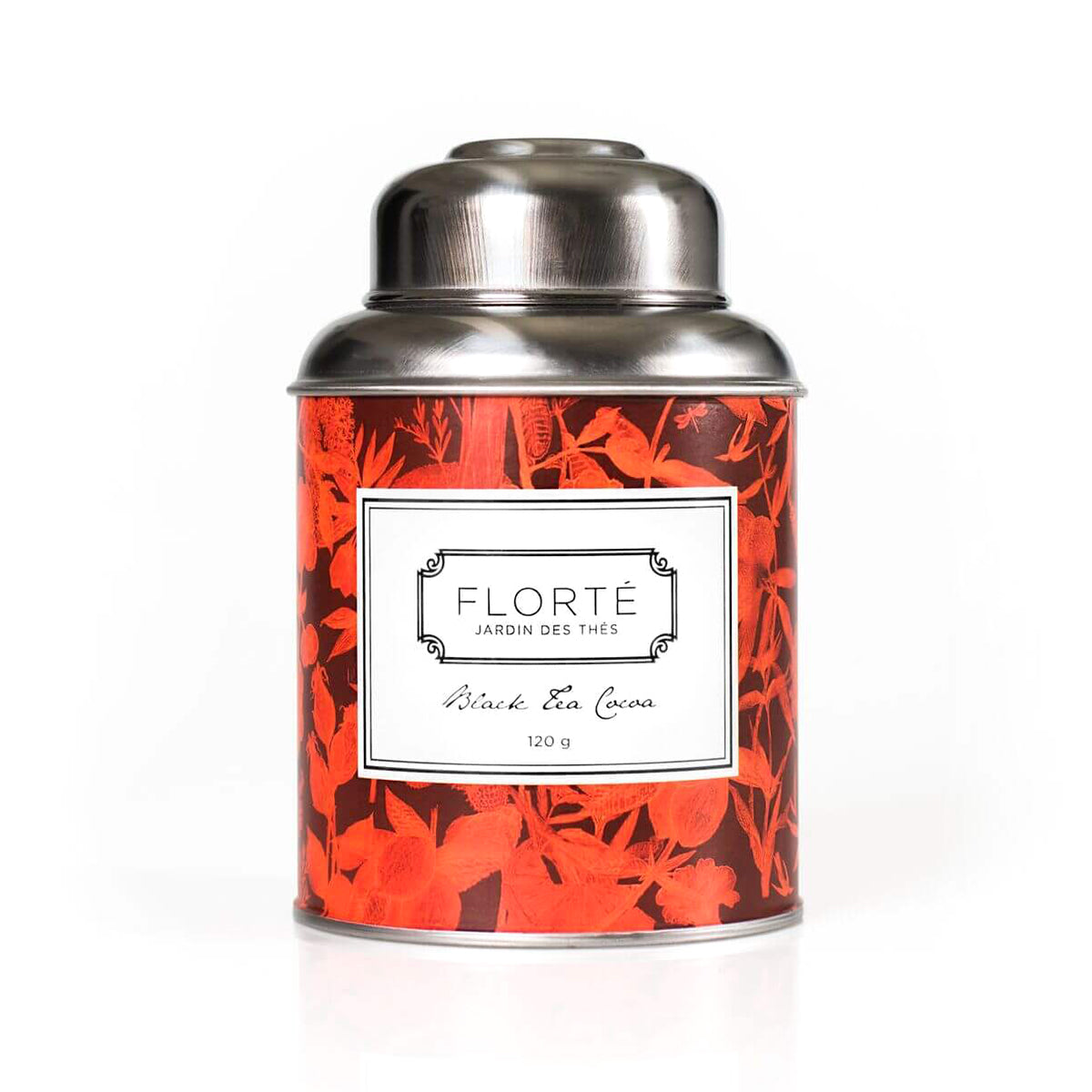 FLORTE loose black tea with cocoa in red patterned tin, 120 g
