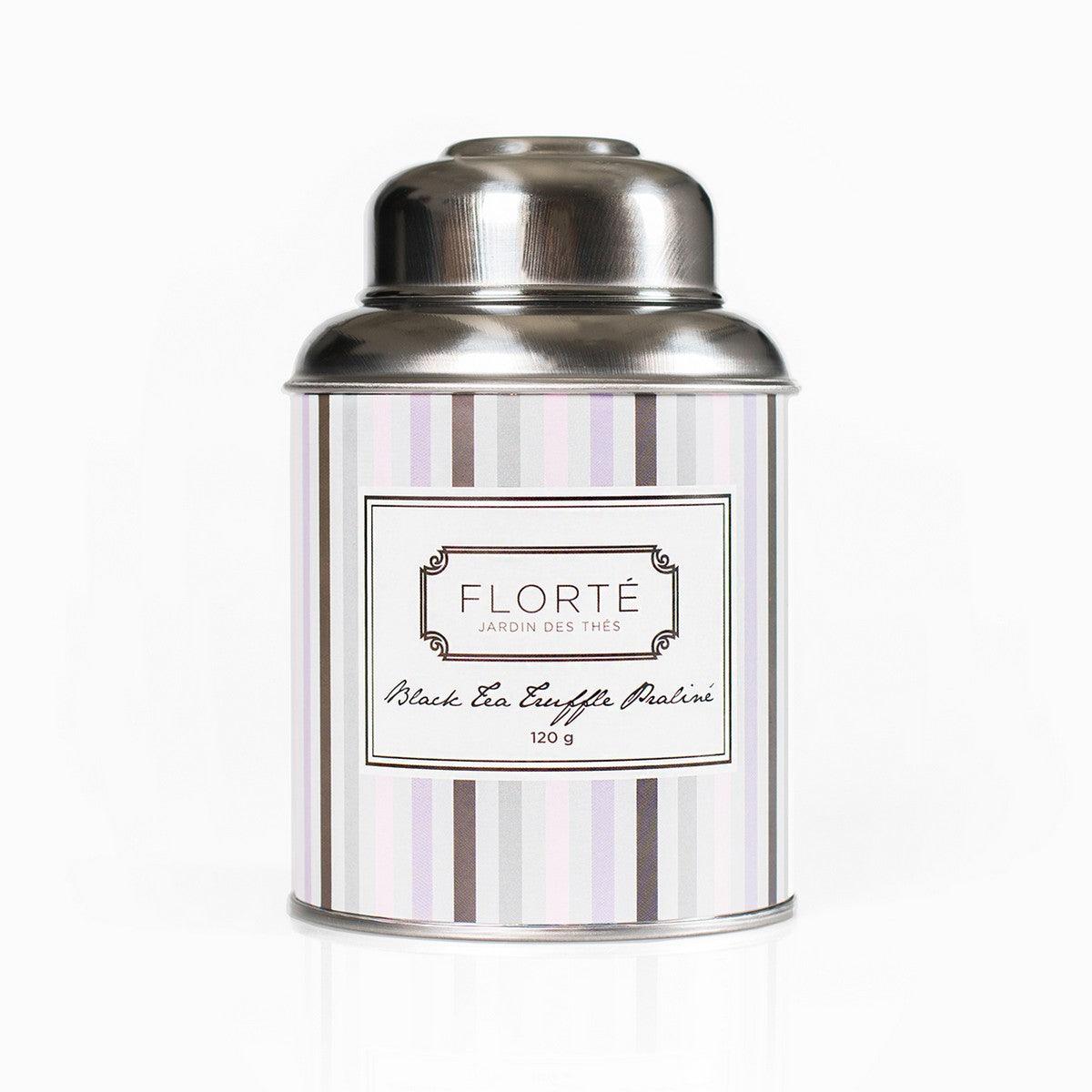 FLORTE loose black tea truffle praline tin, 120g, silver metal canister