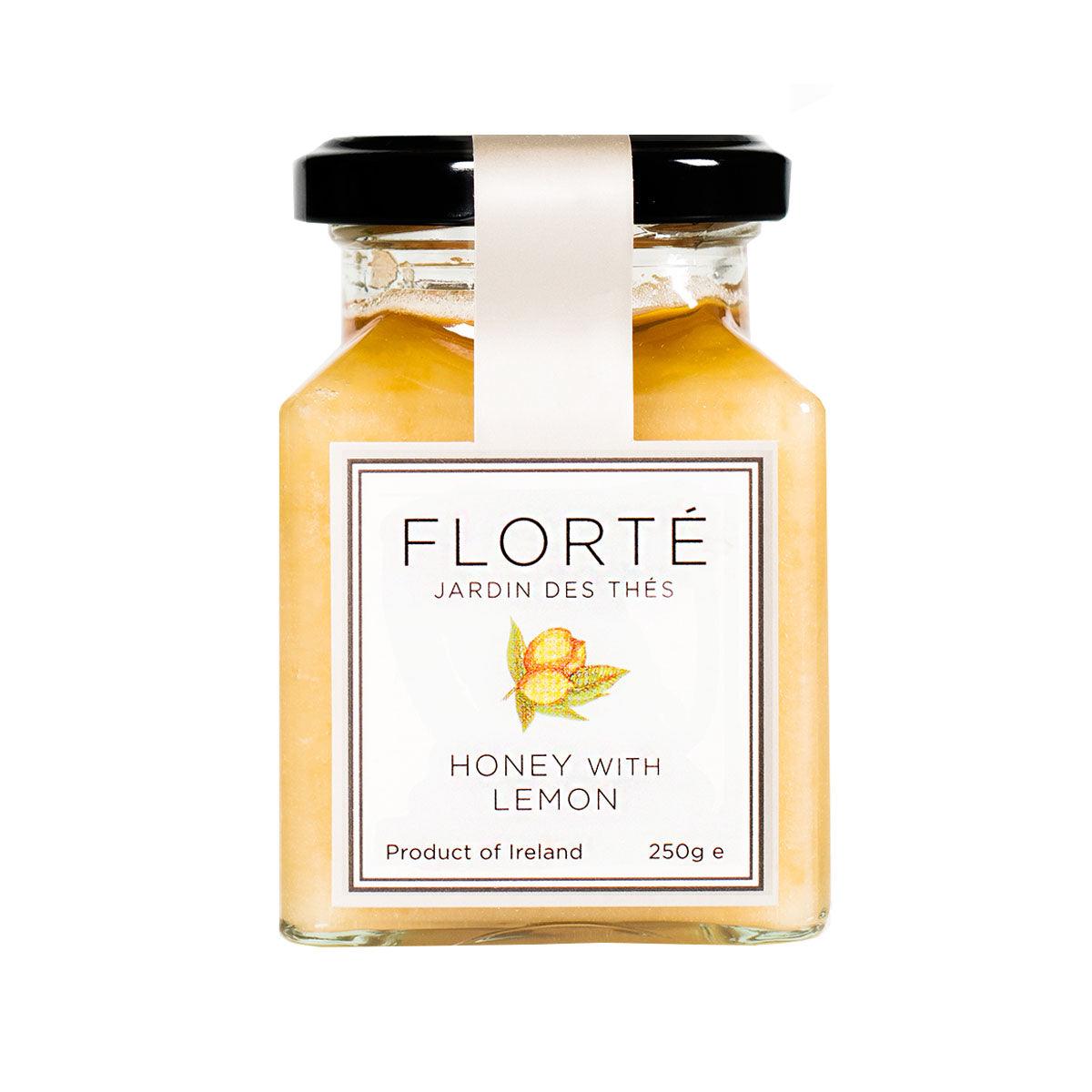 FLORTE Honey with Lemon jar (250g), amber honey in glass bottle with black lid