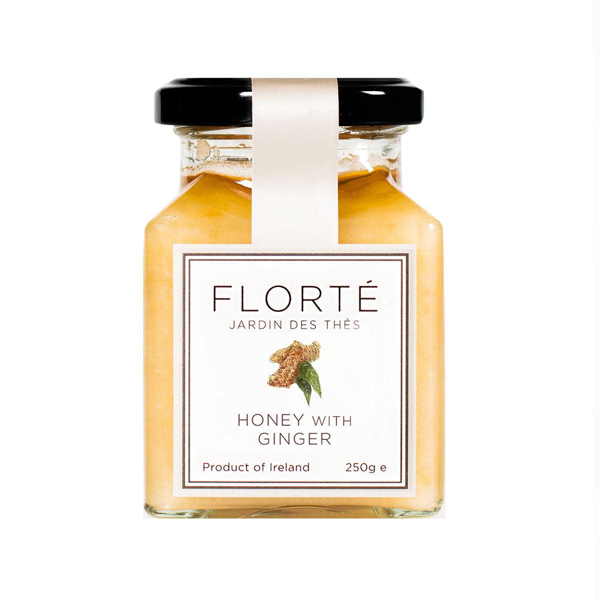 FLORTE honey with ginger in glass jar with black lid, 250 g