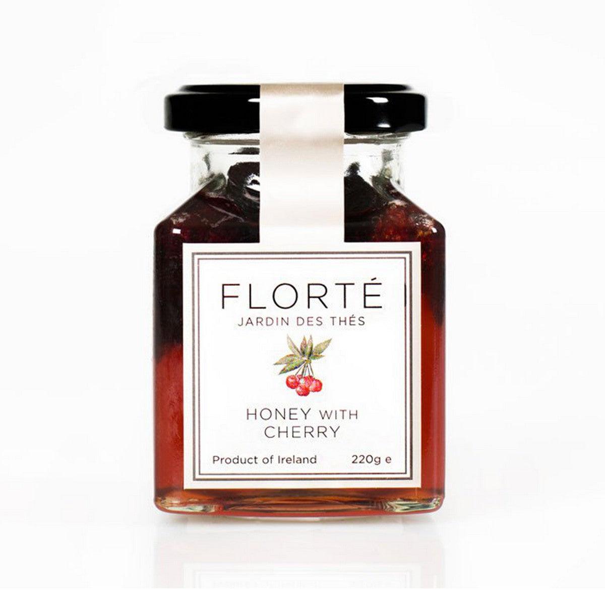 FLORTE honey with cherry in square glass jar with black lid, 220g