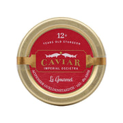 Round tin of LE GOURMET Imperial Oscietra caviar, red label with gold lid