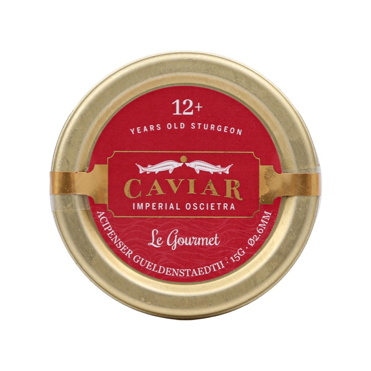 Round tin of LE GOURMET Imperial Oscietra caviar, red label with gold lid