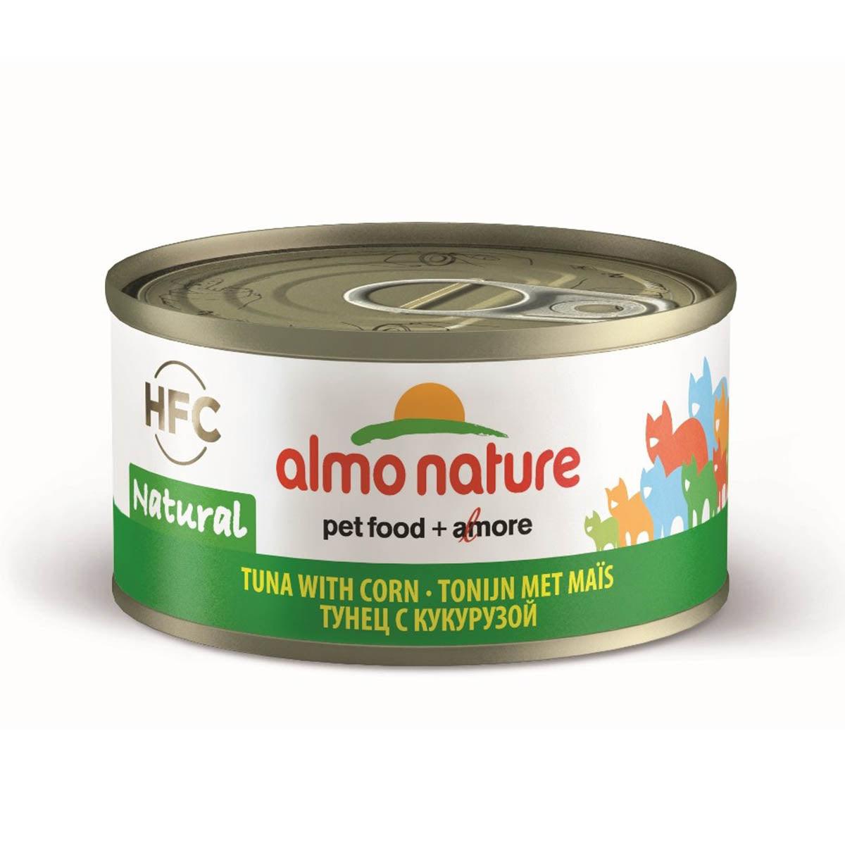 ALMO NATURE cat tuna and corn wet food can, front label with pull-tab lid