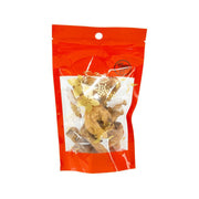 Dried herbal pieces in red stand-up pouch with clear window and seal