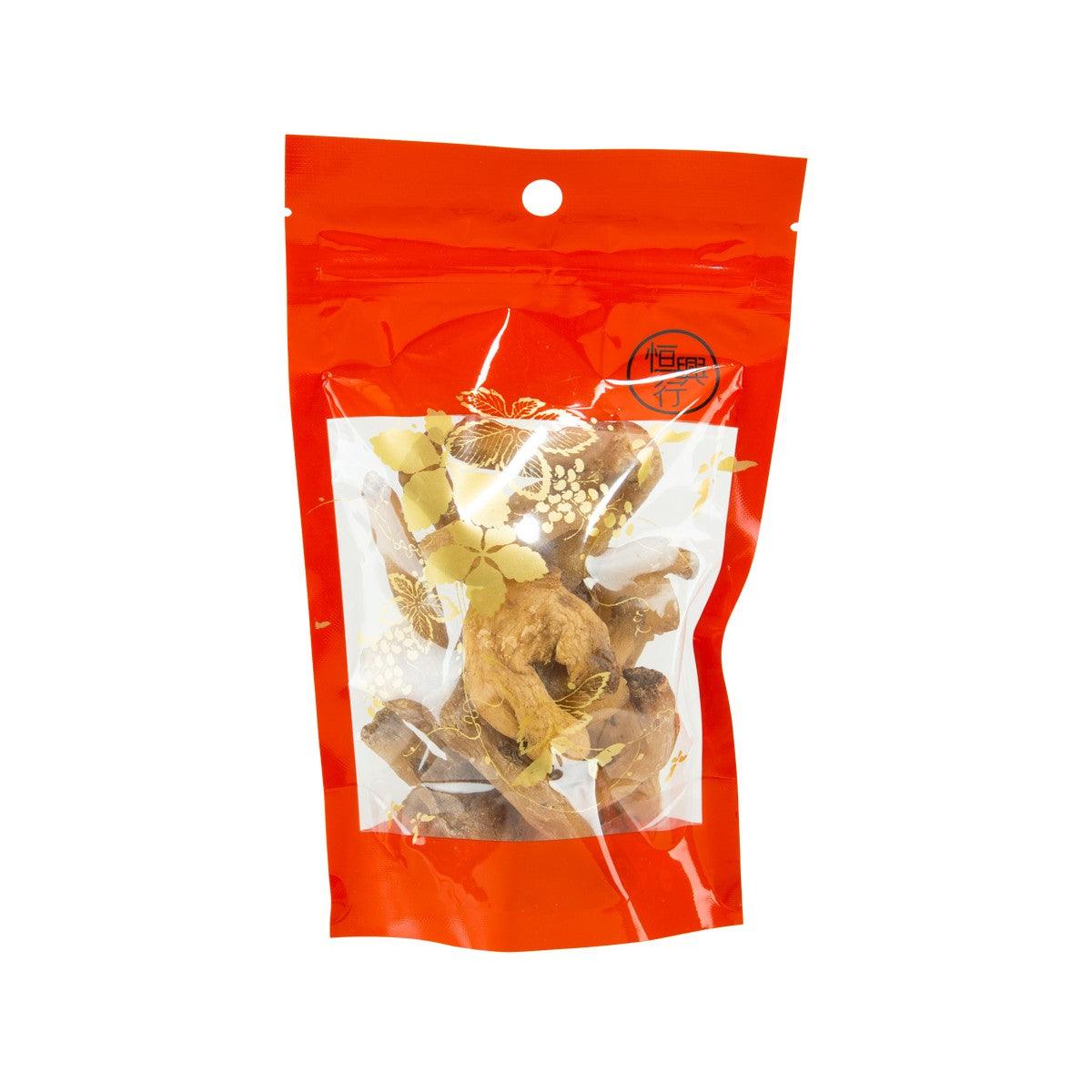 Dried herbal pieces in red stand-up pouch with clear window and seal