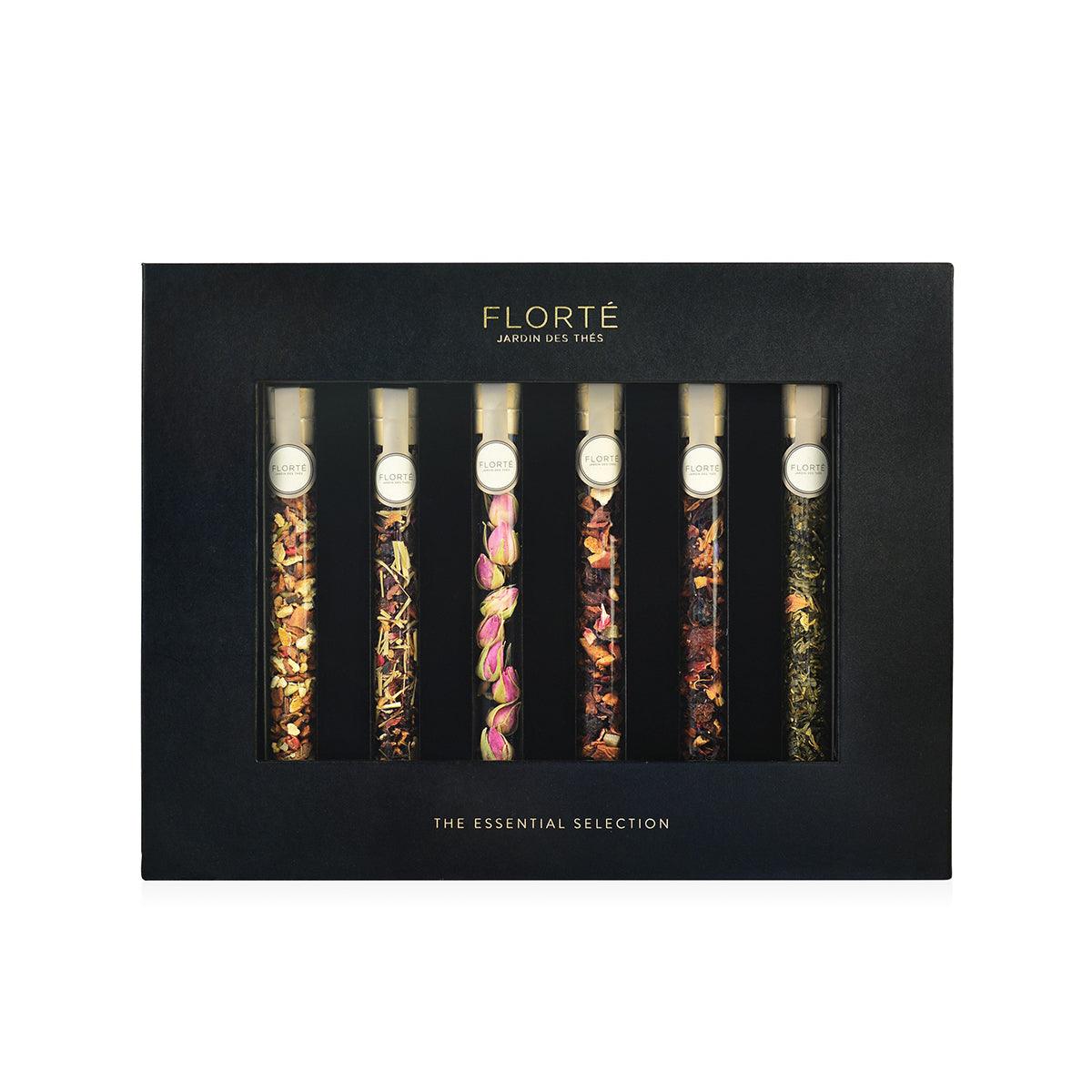 FLORTE glass tube tea gift set in black box with window and six assorted tea tubes