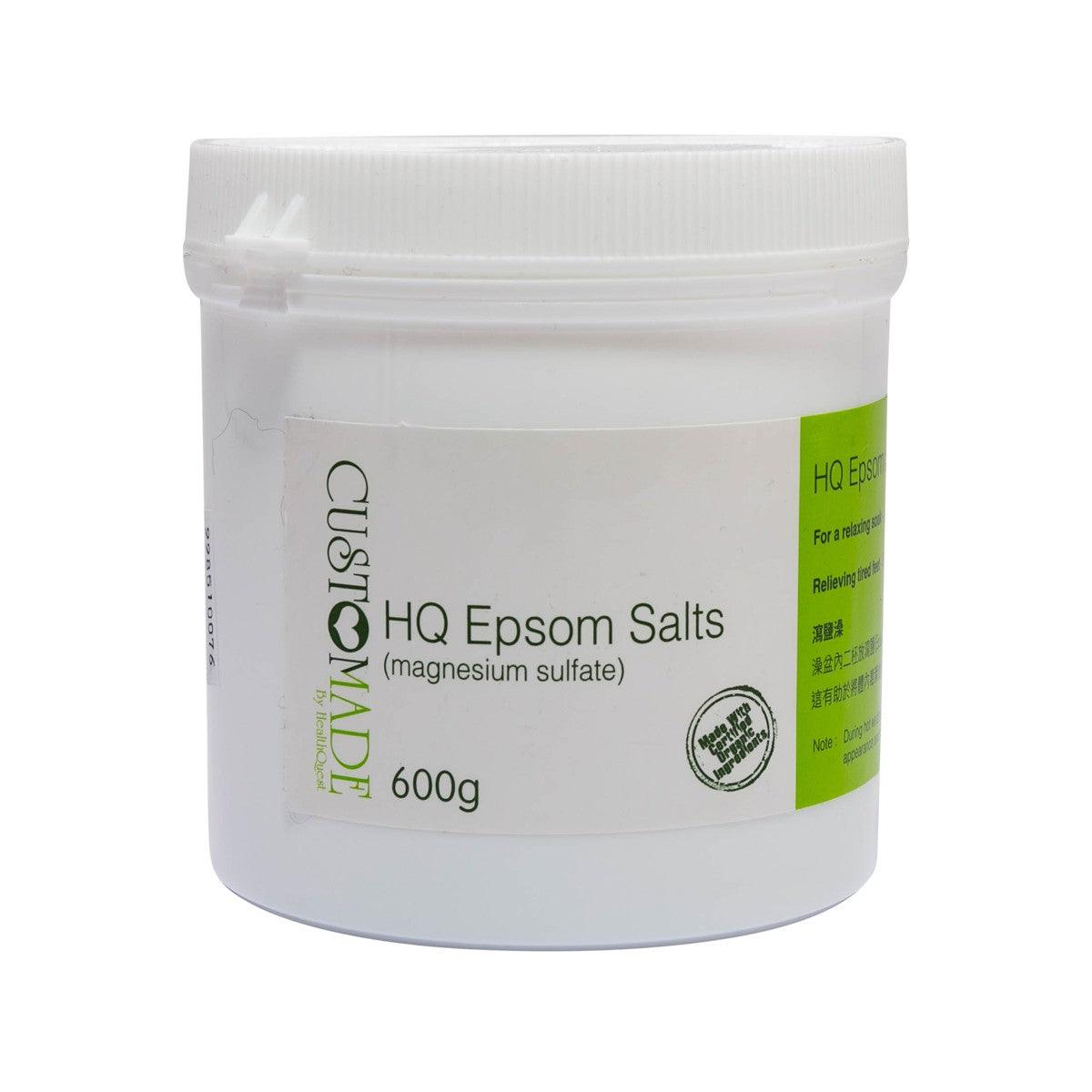 Epsom salt jar, white plastic container with front label and 600 g size