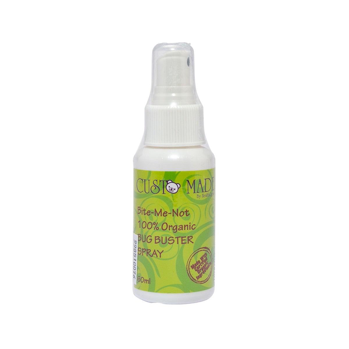 Organic bug buster spray bottle with white spray cap, front label view