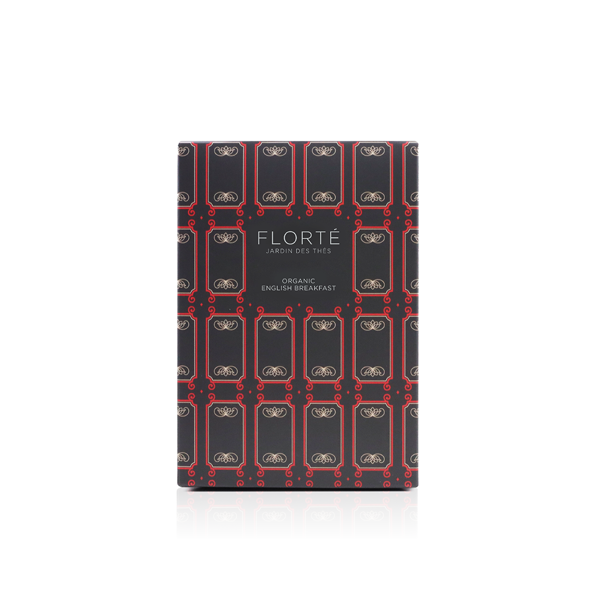 FLORTE organic English breakfast tea bag box, red and black patterned