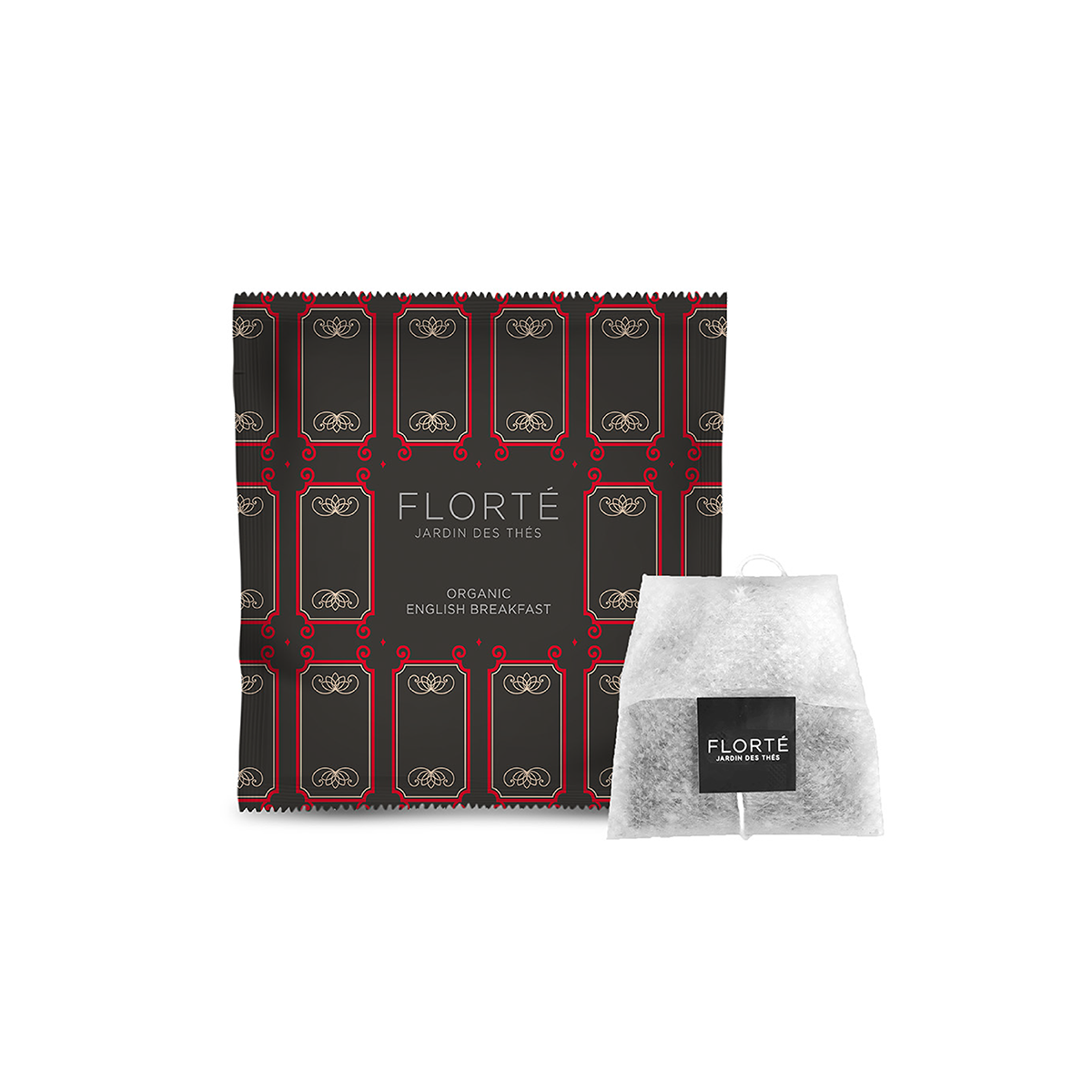 FLORTE organic English breakfast tea bag box with white tea bag sachet