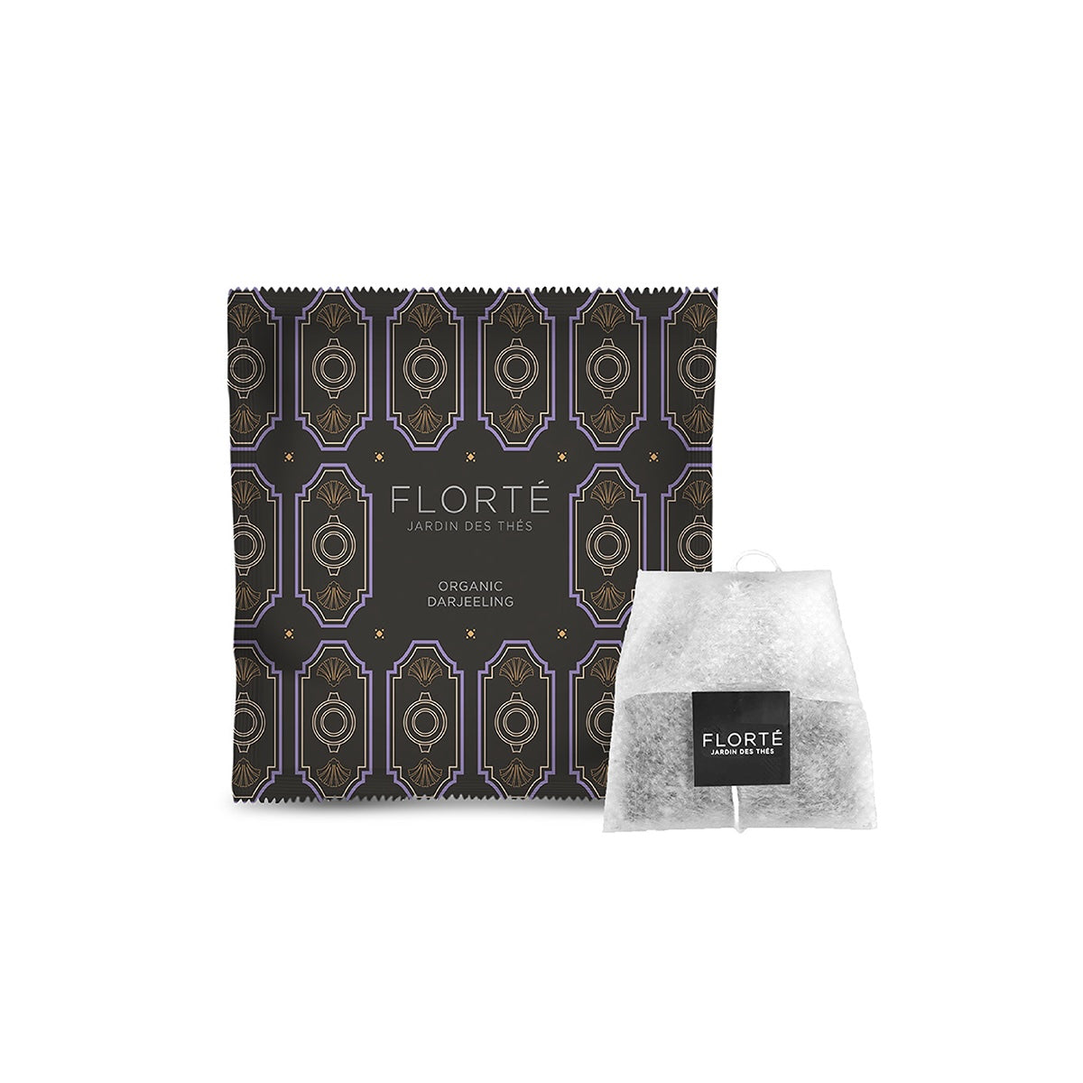 FLORTE organic Darjeeling tea bags in mesh sachets with branded box