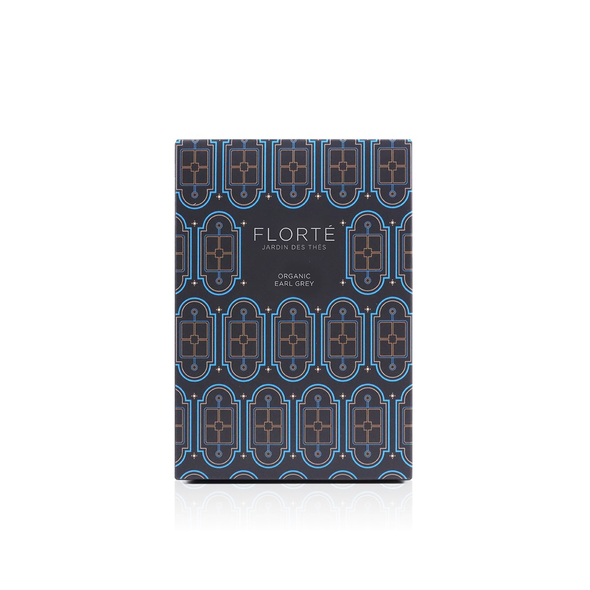 FLORTE organic Earl Grey tea bag box with blue patterned label