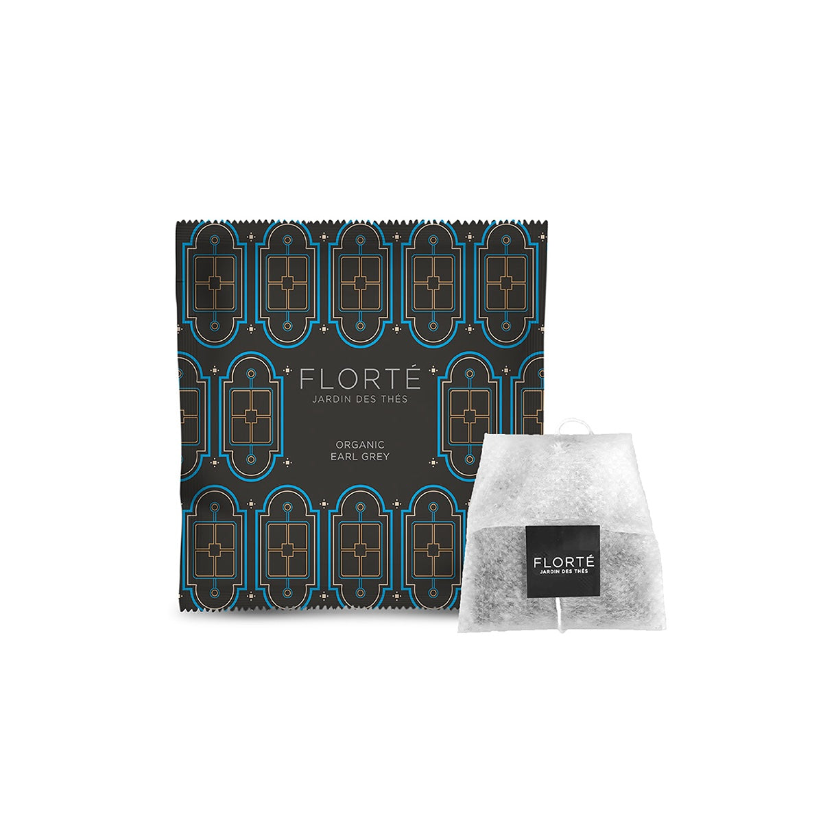 FLORTE organic Earl Grey tea bag box with one white tea sachet